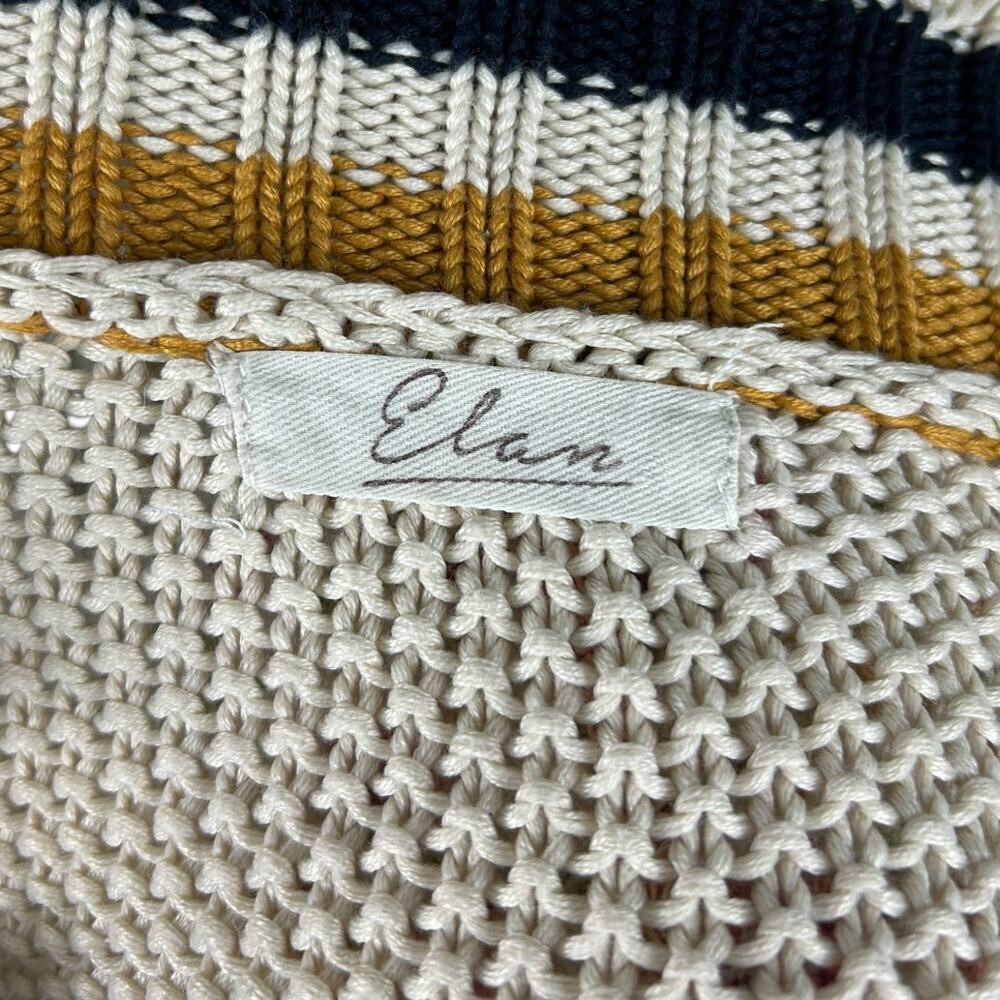 Elan Knit Distressed Fringe Frayed Varsity Stripe Sweater Blue Gold Cream Medium - Picture 4 of 7